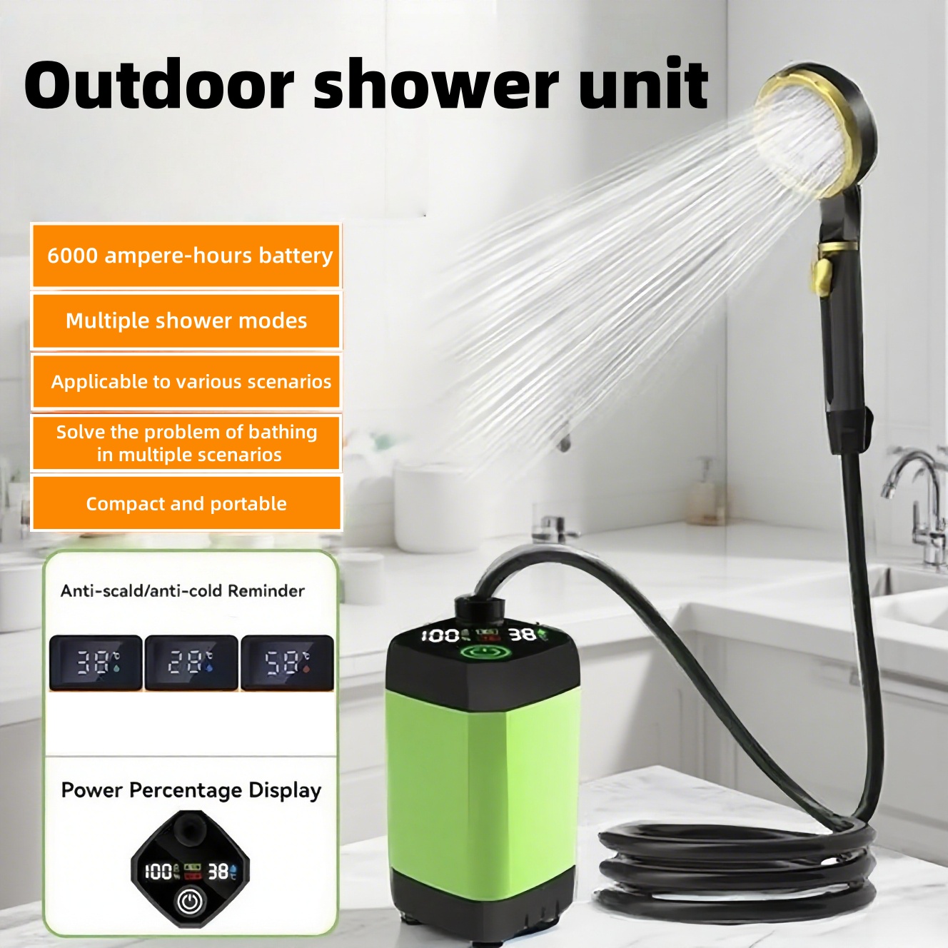 Outdoor Adventure Trips - ポータブル屋外電気シャワーユニット、長時間バッテリー駆動、キャンプ、浴室、建設現場での使用に最適。