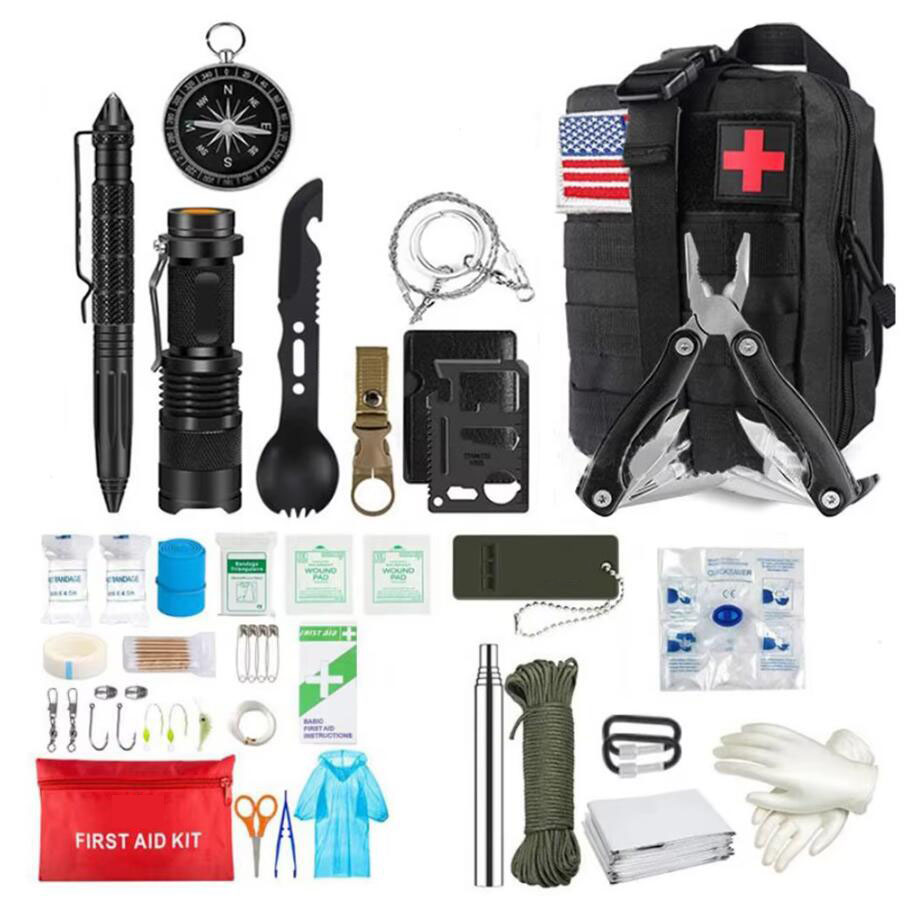 Outdoor Adventure Kit - キャンプやハイキング用の応急処置キット,アウトドアギア,緊急キット,サバイバルキット,フルセットサバイバルバッグ,ナイフ,モラル