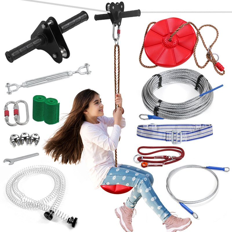 Outdoor Adventure Zipline - 子供用ジップラインキット、ディスクスイングシート付き、裏庭遊び場用ジップラインケーブルセット、安全アクセサリー、屋外アドベンチャープレイ機器